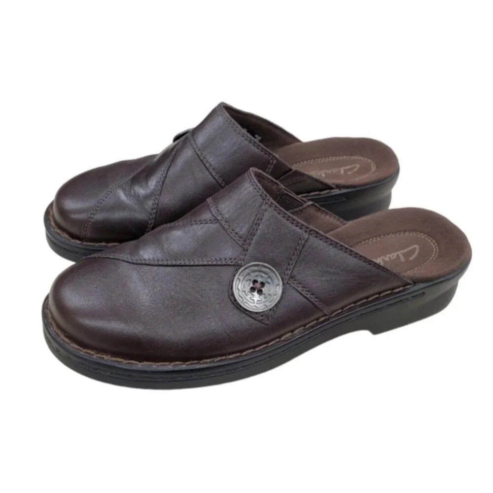 HtF AllYear Clark’s Black Leather Mules Slip On Clogs Wedge Heel Comfort Size 9M
